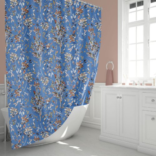 Elegant Leaves And Berries Blue Watercolor Floral Shower Curtain