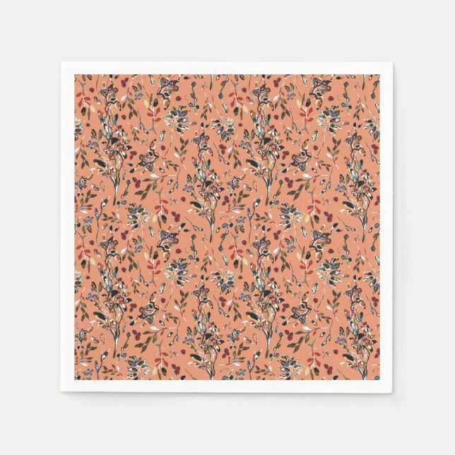 Elegant Leaves Berries Orange Floral Pattern Napkins (Front)