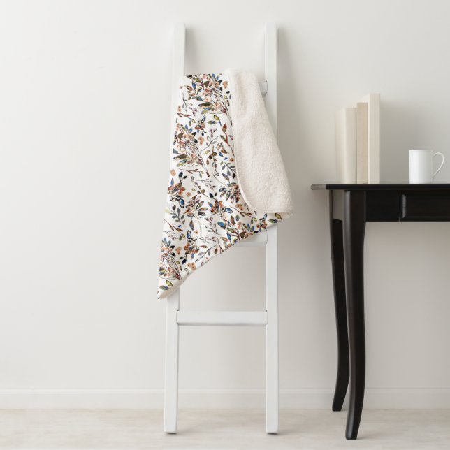 Elegant Leaves  Berries Watercolor White Floral Sherpa Blanket (In Situ)