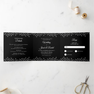 Elegant Leaves Black & White Wedding Tri-Fold Invi