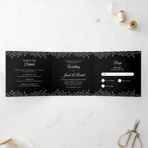 Elegant Leaves Black  White Wedding Tri_Fold Invi