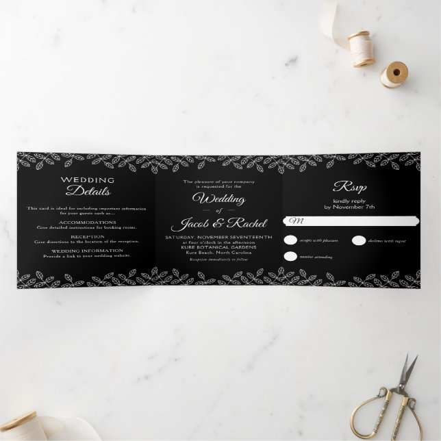 Elegant Leaves Black & White Wedding Tri-Fold Invi Invitation (Inside)