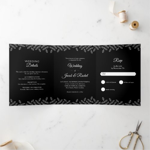 Elegant Leaves Black  White Wedding Tri_Fold Invitation