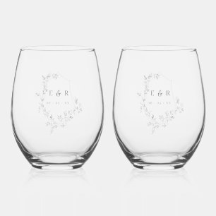 Elegant Leaves Crest Wedding Monogram Stemless Wine Glass