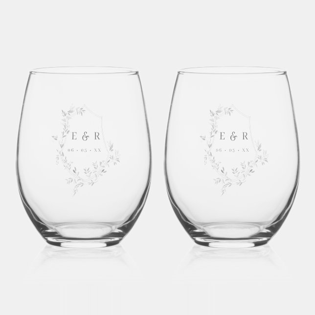 Elegant Leaves Crest Wedding Monogram  Stemless Wine Glass (Front)
