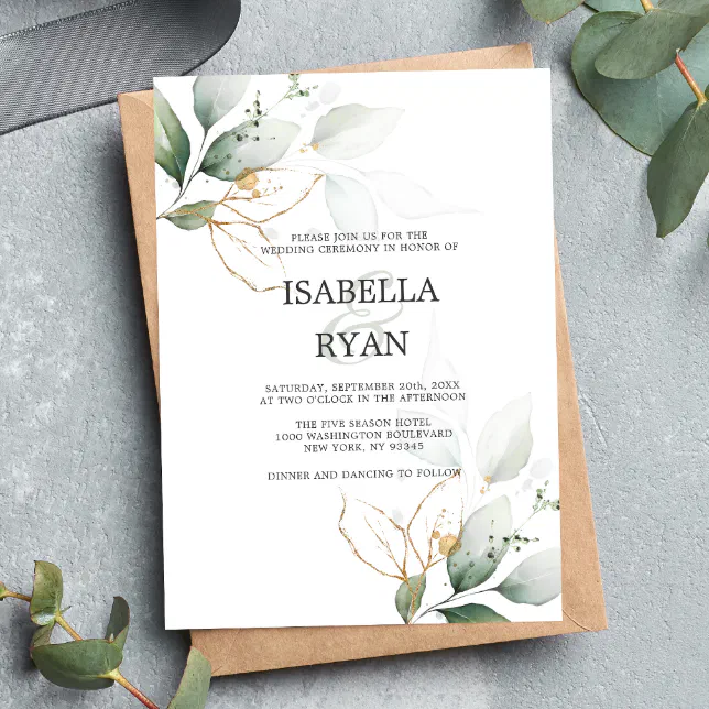 ELEGANT Leaves Foliage Gold Watercolor WEDDING Invitation | Zazzle