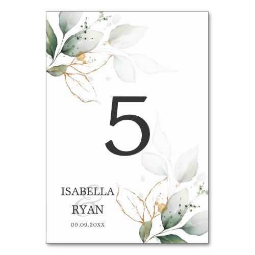 ELEGANT Leaves Foliage Gold Watercolor WEDDING Table Number