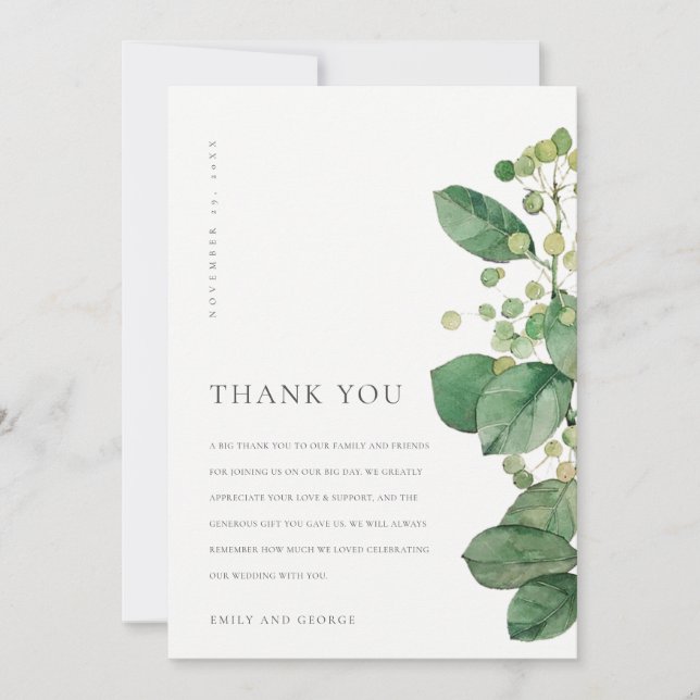 ELEGANT LEAVES FOLIAGE GREENERY WATERCOLOR WEDDING THANK YOU CARD (Front)