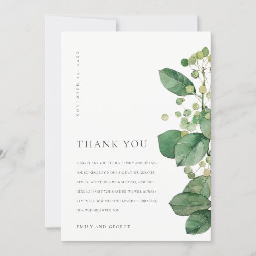 ELEGANT LEAVES FOLIAGE GREENERY WATERCOLOR WEDDING THANK YOU CARD