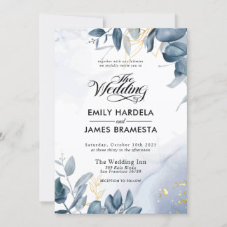 Elegant Leaves Gold Blue Watercolor Wedding Invitation