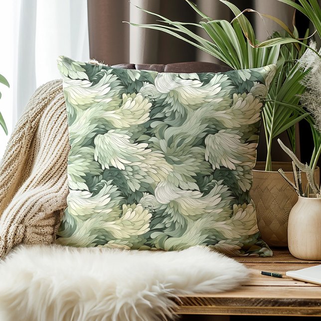 Elegant Leaves Green Shades Botanical  Throw Pillow (Elegant green feathery leaves decorator pillow)