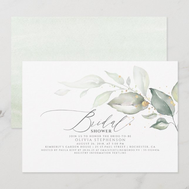 Elegant Leaves Greenery Elegant Bridal Shower Invitation (Front/Back)