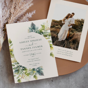 Elegant Leaves Greenery QR Code Photo Wedding Invitation