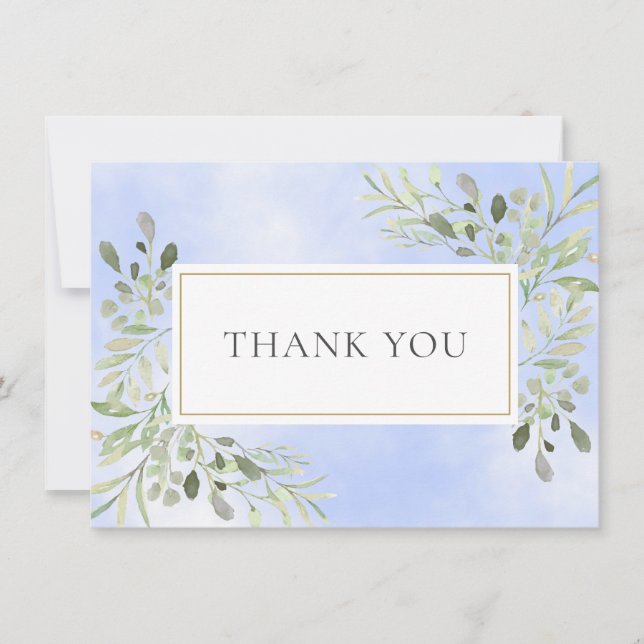Elegant Leaves Greenery  Watercolor Blue Thank You Card (Front)
