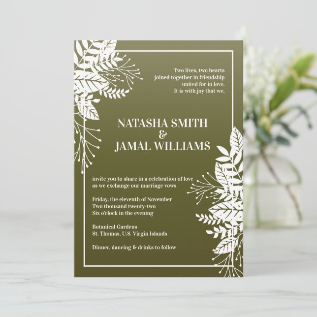 Elegant Leaves, Olive Green Invitation (Standing Front)