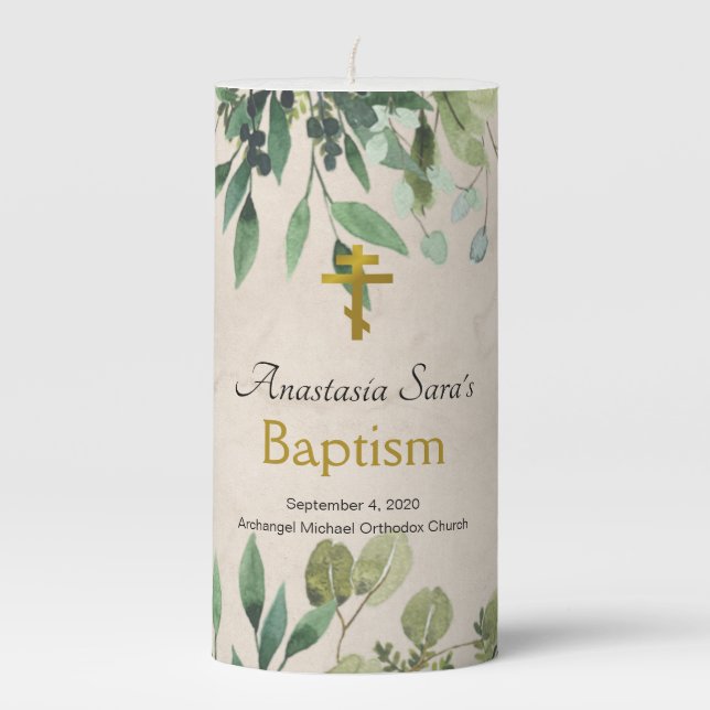 Elegant Leaves Orthodox Christian Baptism  Pillar Candle (Front)