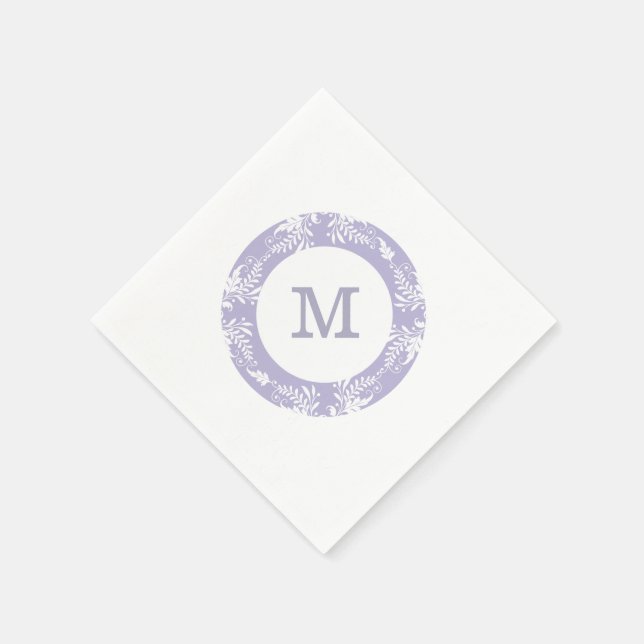 Elegant Leaves Pattern Lavender Monogram Paper Napkins (Corner)