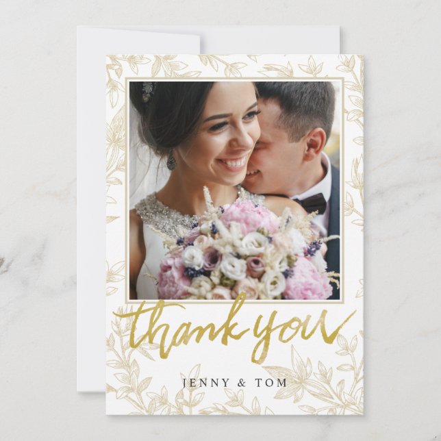 Elegant Leaves Photo Custom Wedding Thank You Card (Front)
