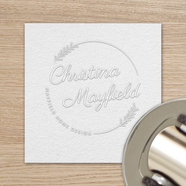 Elegant Leaves Round Business Name Embosser (Creator Uploaded)