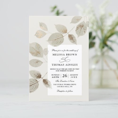 Elegant Leaves Rustic Budget QR Code Wedding Invitation