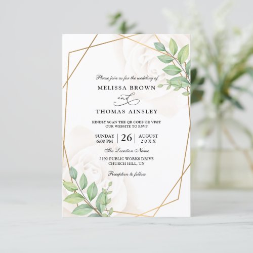 Elegant Leaves Rustic Green Budget QR Code Wedding Invitation