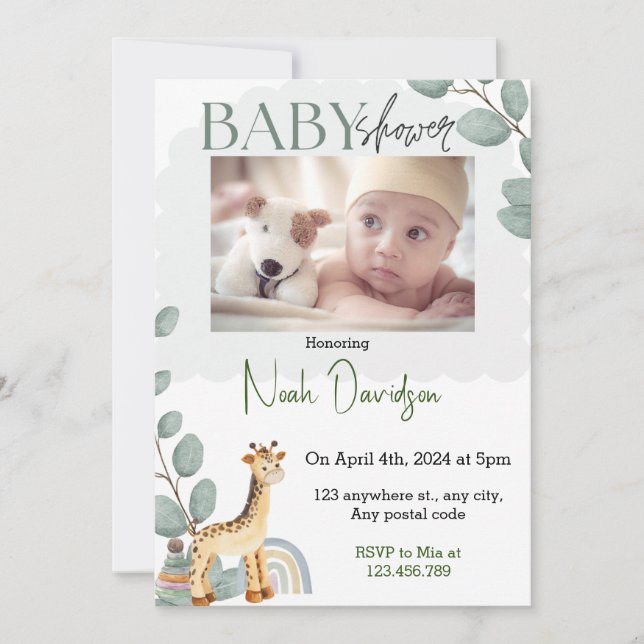 Elegant leaves with baby giraffe &toys invitation (Front)