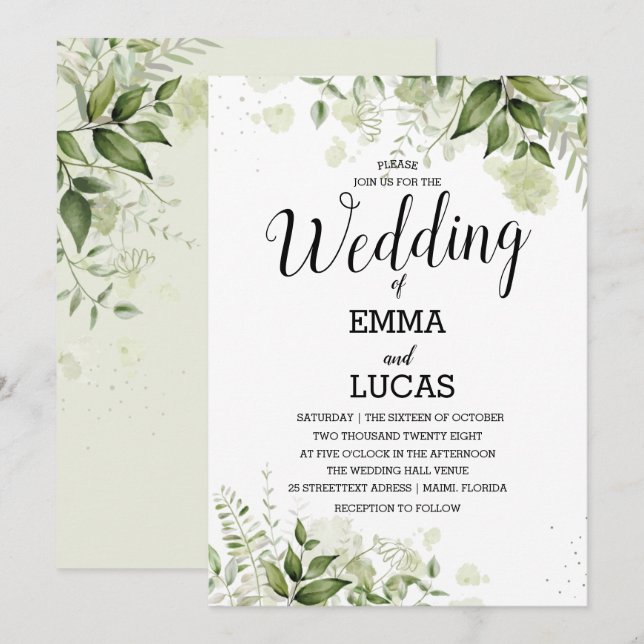 Elegant Leaves With Splash Watercolor Wedding Invitation (Front/Back)