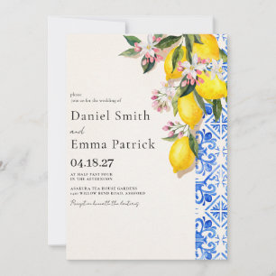 Elegant Lemon and Blue Mediterranean Wedding Invitation