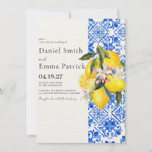 Elegant Lemon and Blue Mediterranean Wedding Invitation