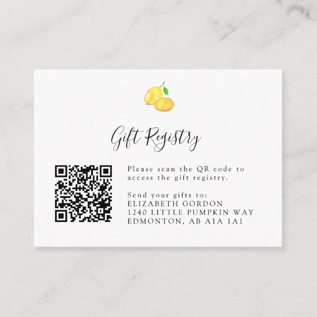 Elegant Lemon Baby Shower Gift Registry QR Code En Enclosure Card (Front)