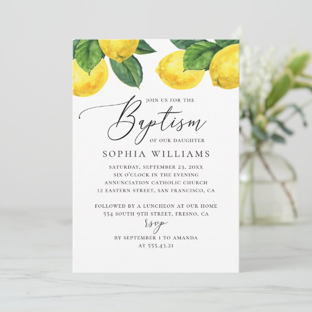 Elegant Lemon Baptism | Rustic Botanical Citrus Invitation (Standing Front)