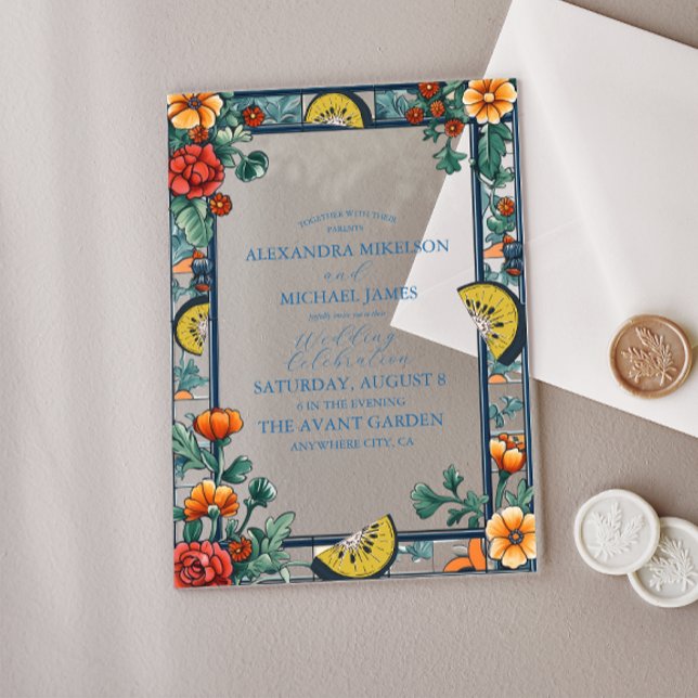 Elegant Lemon Botanical Blue Mediterranean wedding Acrylic Invitations (Creator Uploaded)