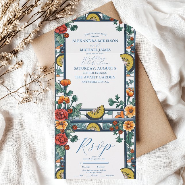 Elegant Lemon Botanical Blue Mediterranean wedding All In One Invitation (Creator Uploaded)