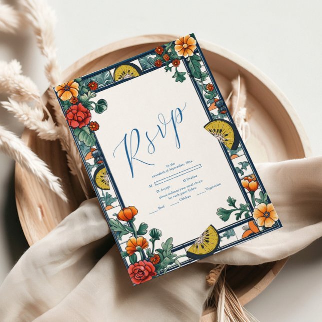 Elegant Lemon Botanical Blue Mediterranean wedding RSVP Card (Creator Uploaded)