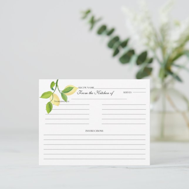 Elegant Lemon Bridal Shower Recipe Card (Standing Front)