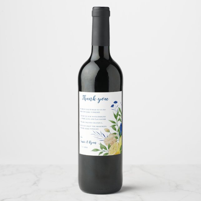 Elegant Lemon Citrus Floral Wedding Thank You  Wine Label (Front)