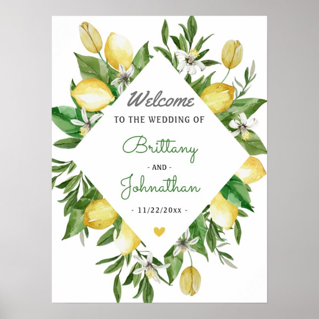 Elegant Lemon Citrus Italy Wedding Welcome Sign (Front)