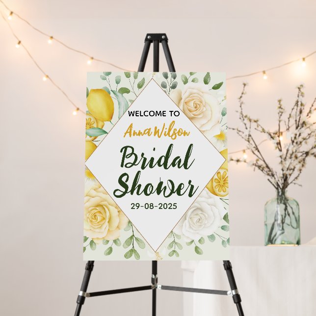 Elegant Lemon Floral Bridal Shower Welcome Sign (In Situ (Stand))