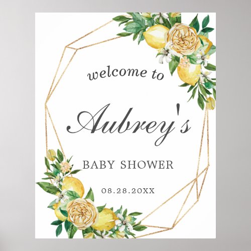 Elegant Lemon Floral Geometric Baby Shower Welcome Poster