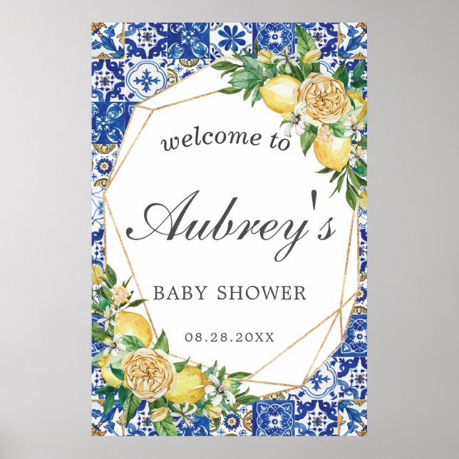 Elegant Lemon Floral Geometric Baby Shower Welcome Poster (Front)