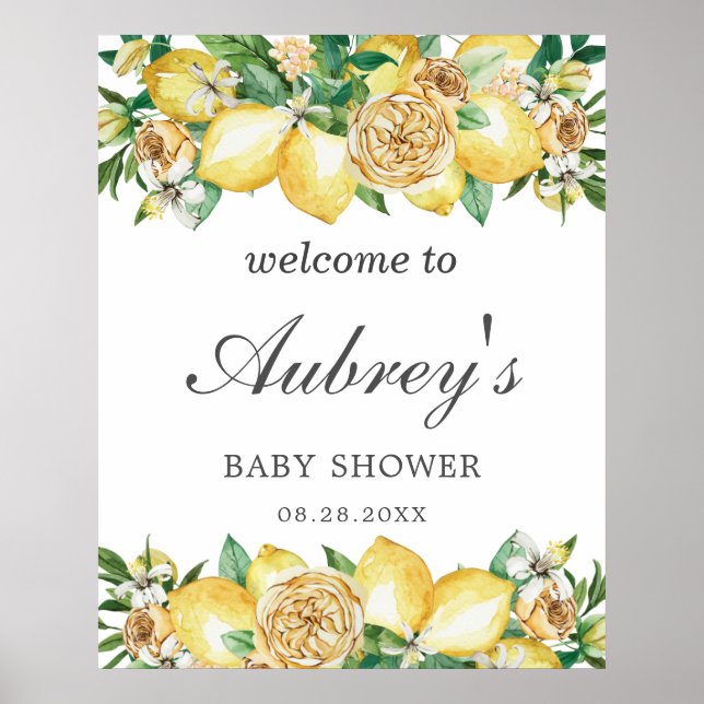 Elegant Lemon Floral Greenery Baby Shower Welcome Poster (Front)