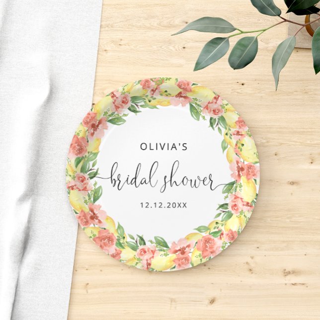 Elegant Lemon Flowers Bridal Shower Paper Plates (Creator Uploaded)