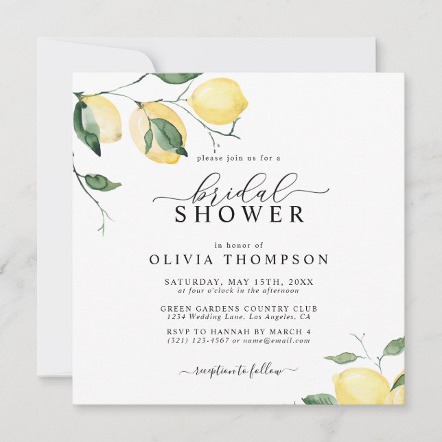 Elegant Lemon Fruit Watercolor Boho Bridal Shower Invitation (Front)