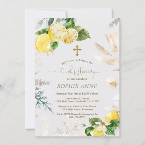 Elegant Lemon Fruits Gold Floral Girl Christening Invitation