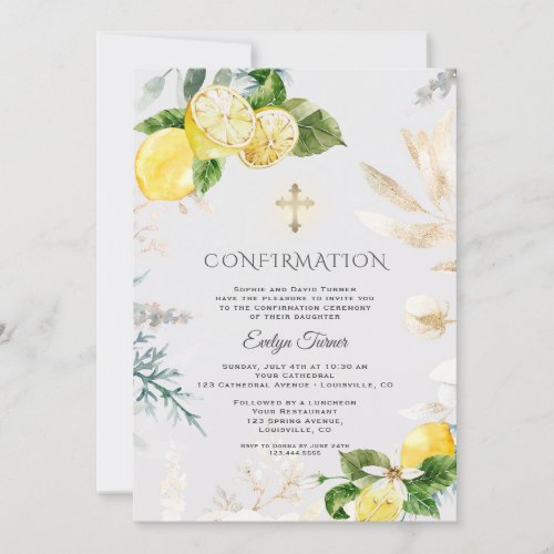 Elegant Lemon Fruits Gold Floral Girl Confirmation Invitation