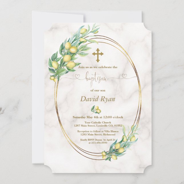 Elegant Lemon Fruits Marble Calligraphy Baptism Invitation (Front)