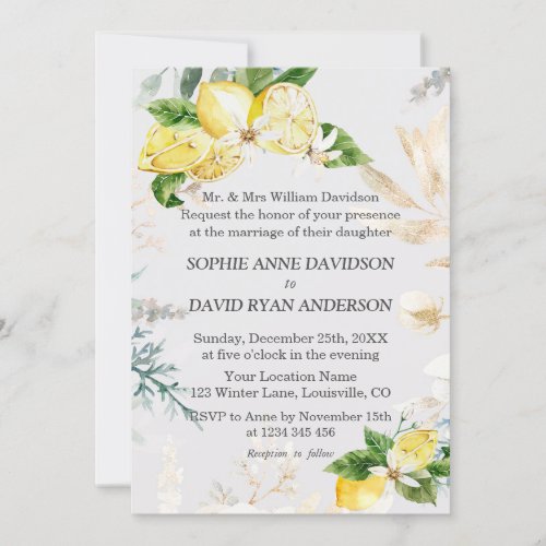 Elegant Lemon Fruits White Floral Wedding Formal Invitation