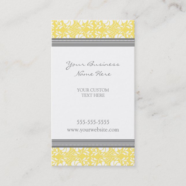 Elegant Lemon Gray Damask Business Cards (Front)