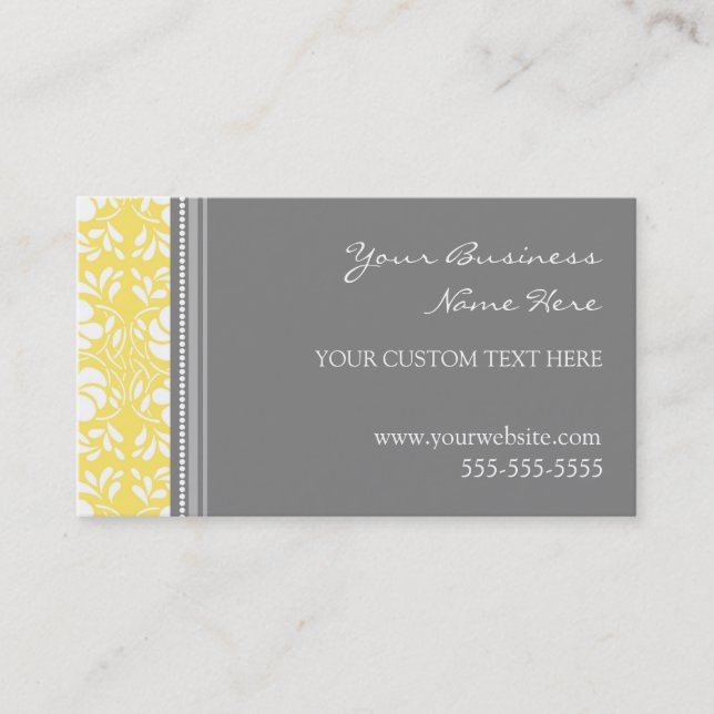 Elegant Lemon Gray Damask Business Cards (Front)