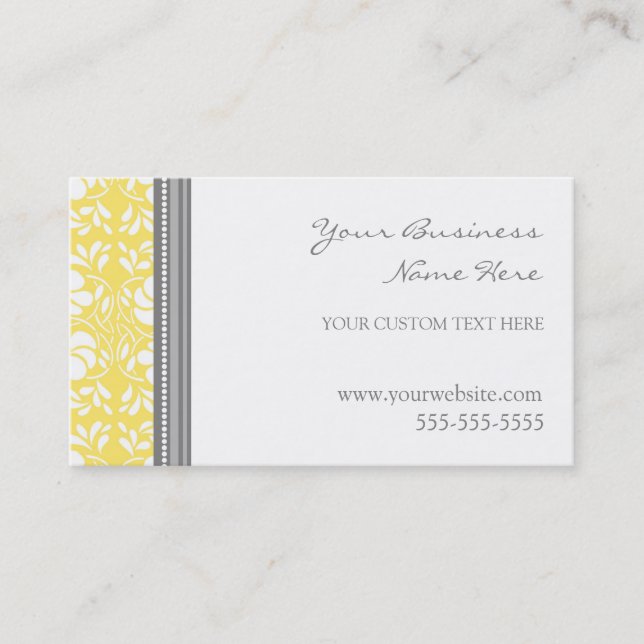Elegant Lemon Gray Damask Business Cards (Front)